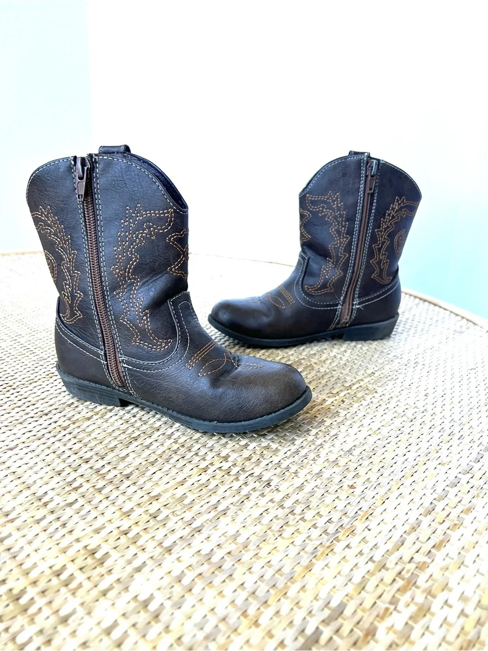 Boys Girls Cowboy Boots vegan leather brown tan contrast stitching Little Kid 11